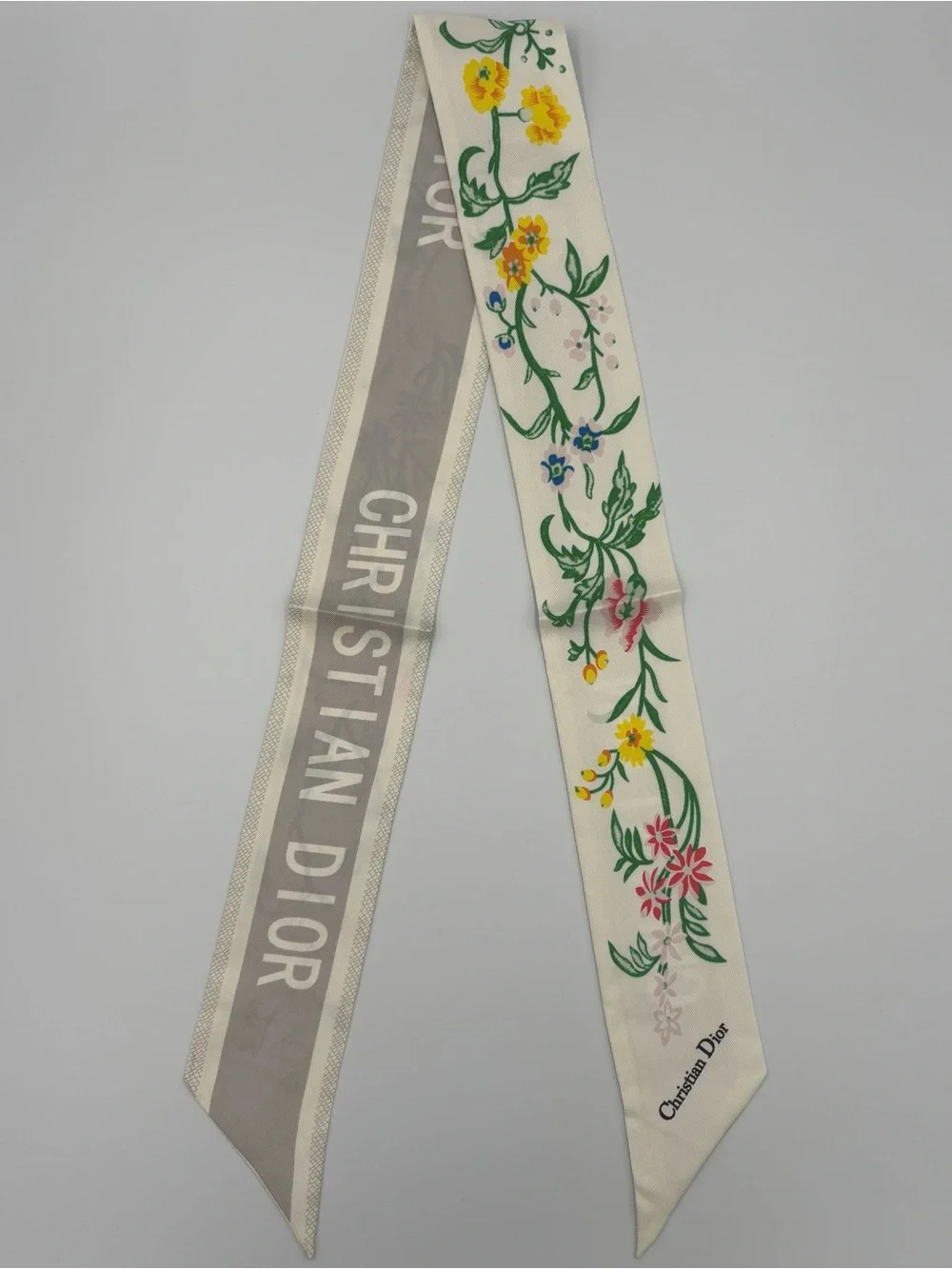 Christian Dior Mitzah Silk Scarf Floral White Gray Botanical Ribbon Twilly